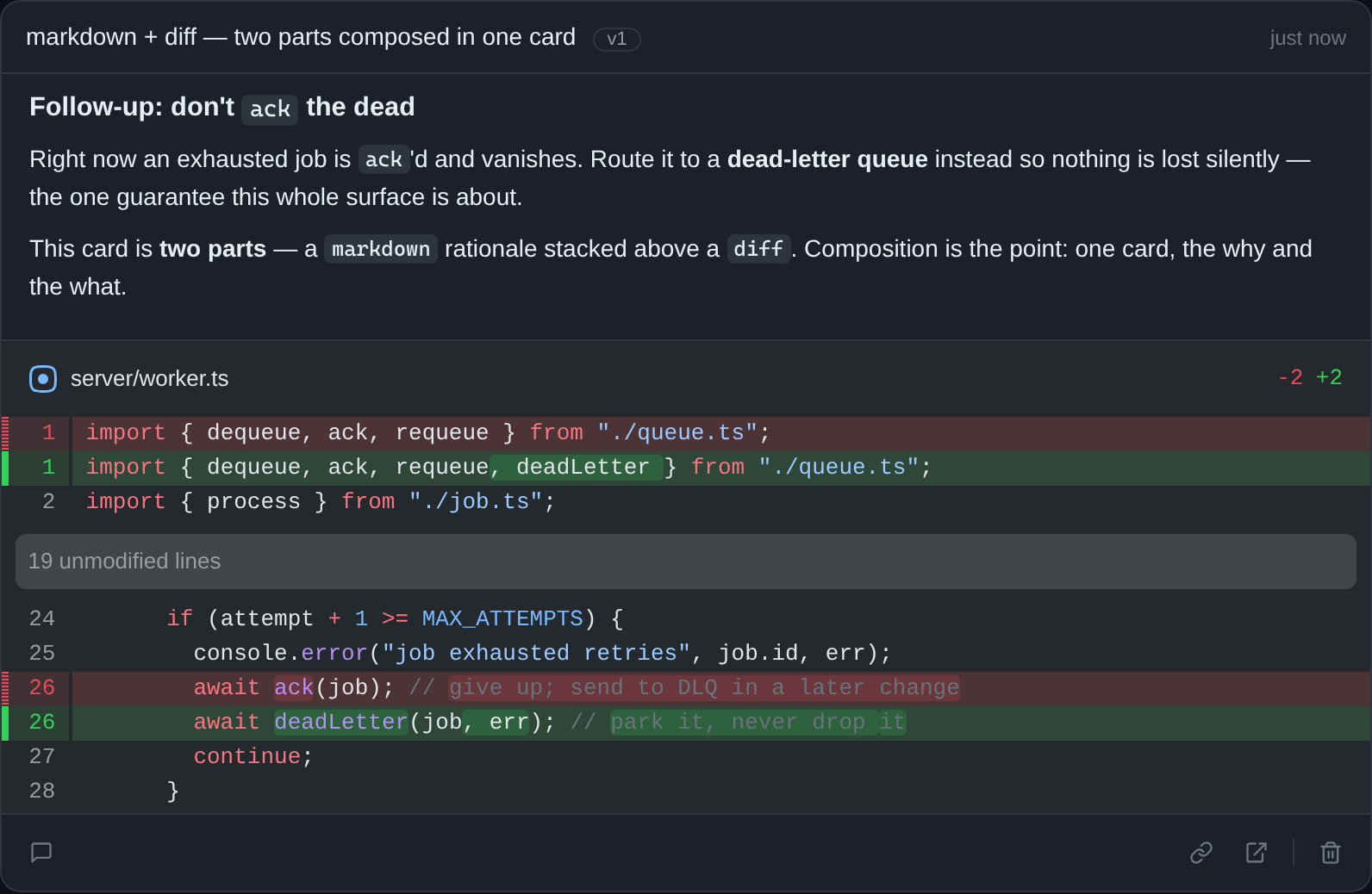 markdown + diff — two parts composed in one card