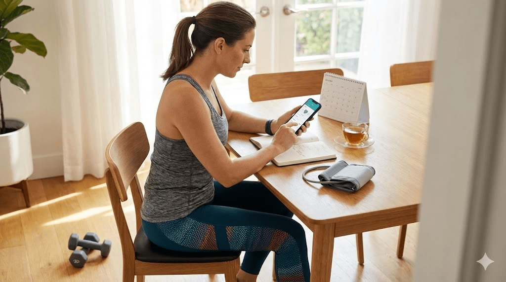 A woman in activewear checking her smartwatch pulse after a workout, looking strong and content, symbolizing proactive health management.