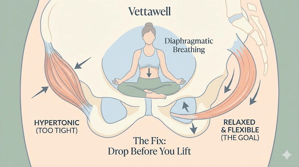 An illustration of the female pelvic anatomy showing the "hammock" of muscles supporting the organs, highlighting the connection to the diaphragm.