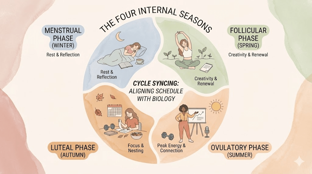 An infographic-style illustration depicting the four phases of the menstrual cycle (menstrual, follicular, ovulatory, luteal) represented as four seasons, with corresponding energy battery levels.