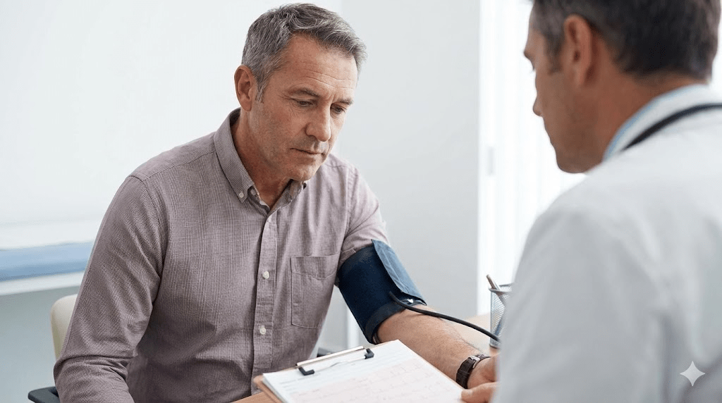 A middle-aged man sitting on the edge of the bed looking contemplative and worried, while his partner sleeps in the background; symbolizing the silent stress of health issues.