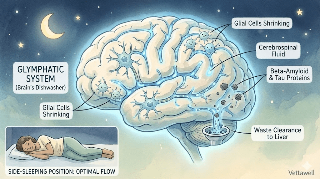 A medical 3D rendering of the human brain with glowing blue fluid channels illustrating the flow of cerebrospinal fluid washing away metabolic waste during sleep.