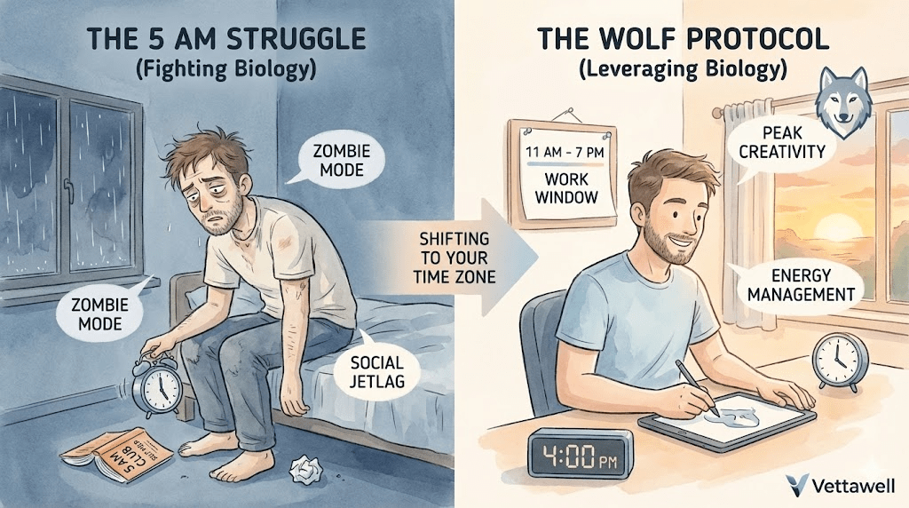 A split-screen illustration: On the left, a man looking miserable and zombie-like at a sunrise yoga class; on the right, the same man looking focused and brilliant while working at a laptop at 10 PM.