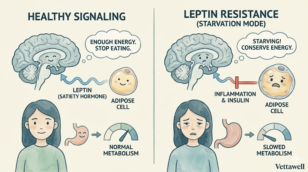 A medical illustration of the human brain highlighting the hypothalamus, with signaling pathways connected to adipose (fat) tissue, representing the gut-brain axis.
