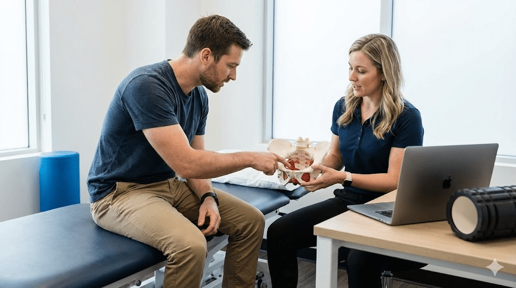 A split illustration: on one side, a medical diagram of the male pelvic floor muscles showing tension; on the other, a man performing a deep squat stretch to release the tension.