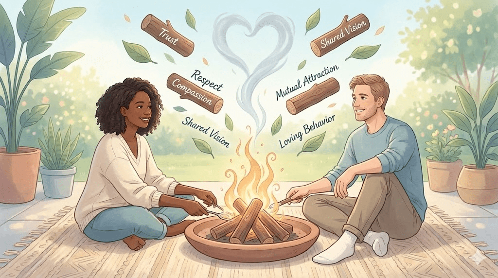 A diverse couple sitting comfortably on a sofa, looking at each other with warmth and engaged in deep conversation, illustrating the concept of an emergent relationship.