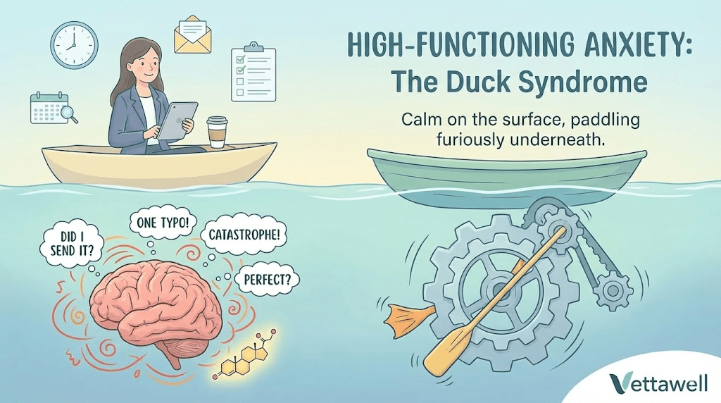 A split-face portrait of a professional in a suit; the left half is calm and smiling, the right half is rendered in chaotic, scribbled lines representing internal panic.