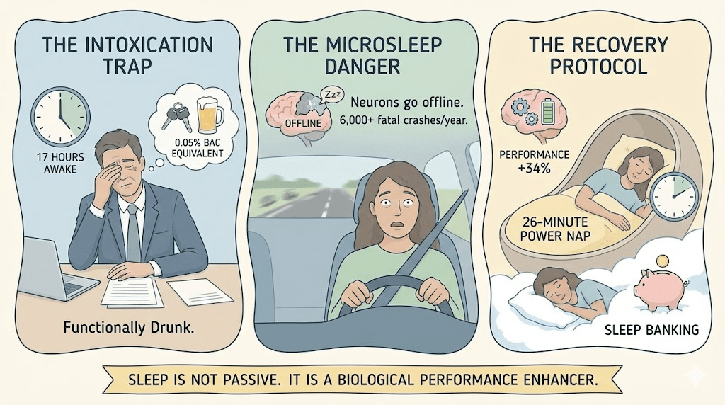 A split-screen graphic: On the left, a tired man holding a car key; on the right, a hand holding a beer glass. A graph overlays them showing identical curves of cognitive decline.