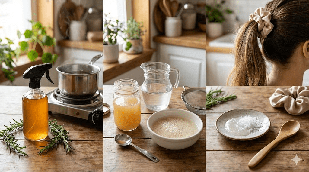 A cozy composition on a wooden table: fresh rosemary sprigs, a glass spray bottle, a bowl of rice water, and a wooden comb, creating an atmosphere of natural self-care.