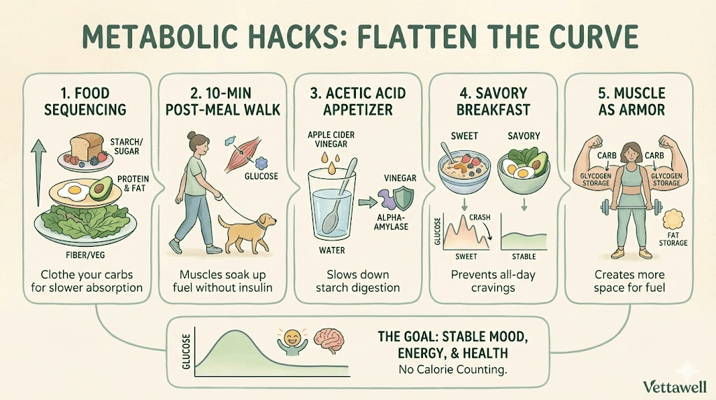 A flat-lay composition showing a glass of water with apple cider vinegar, a plate of leafy greens, and a pair of dumbbells, representing the pillars of metabolic regulation.