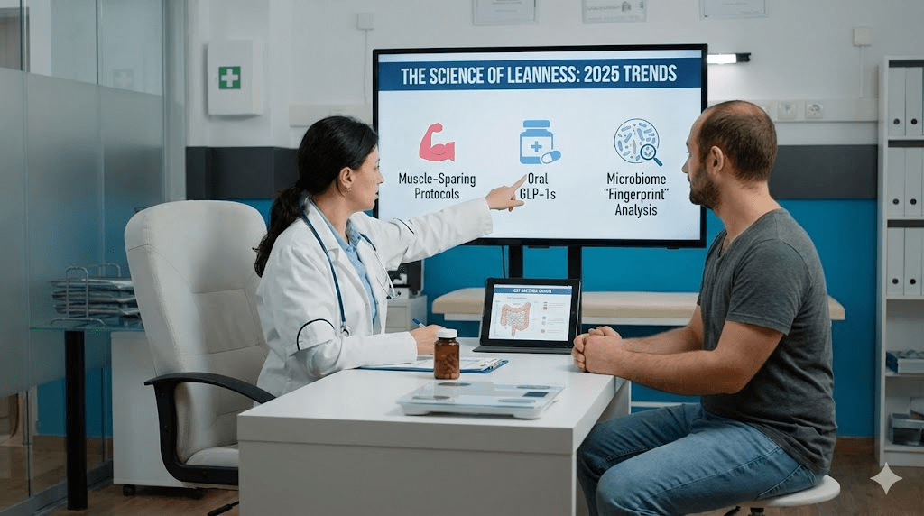 A conceptual medical illustration showing a scale balanced between a strand of DNA and a pill, symbolizing the shift towards personalized and oral metabolic treatments.