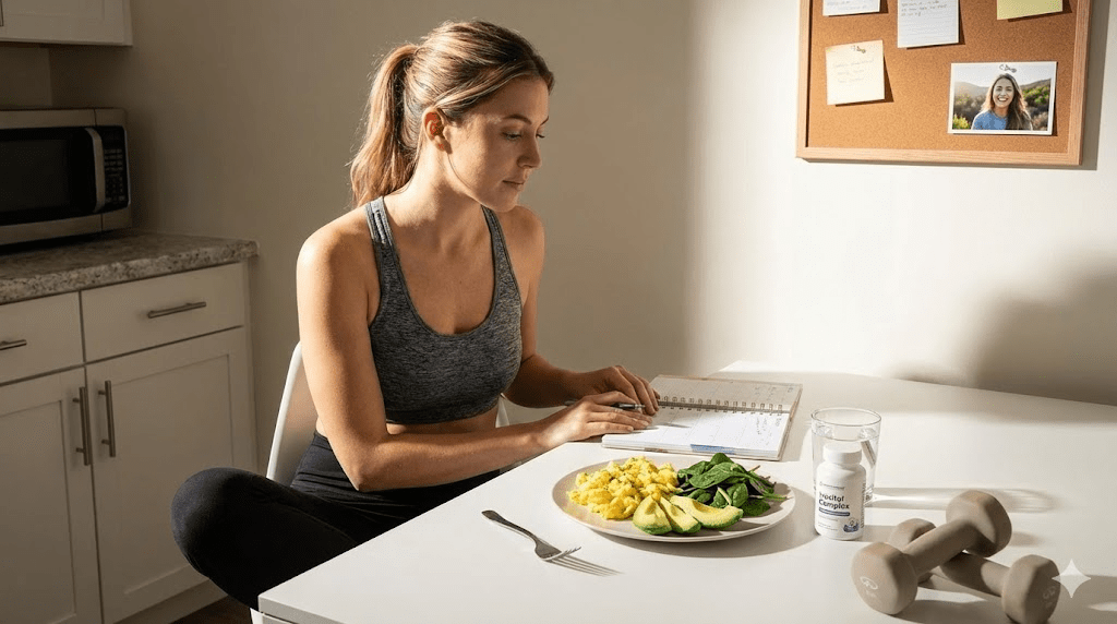 A close-up, warm-toned photo of a woman looking at her clear skin in a handheld mirror, smiling softly; in the background, a healthy breakfast is visible.
