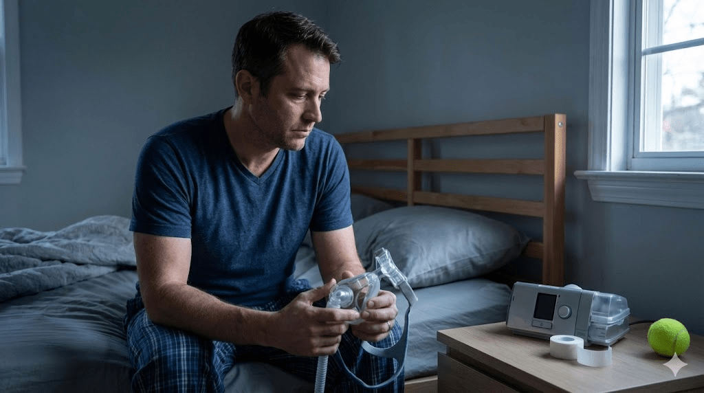 A split image: on the left, a man looking exhausted and grey while drinking coffee; on the right, the same man looking vibrant and awake, holding a CPAP mask or mouth tape, symbolizing the clarity of oxygen.
