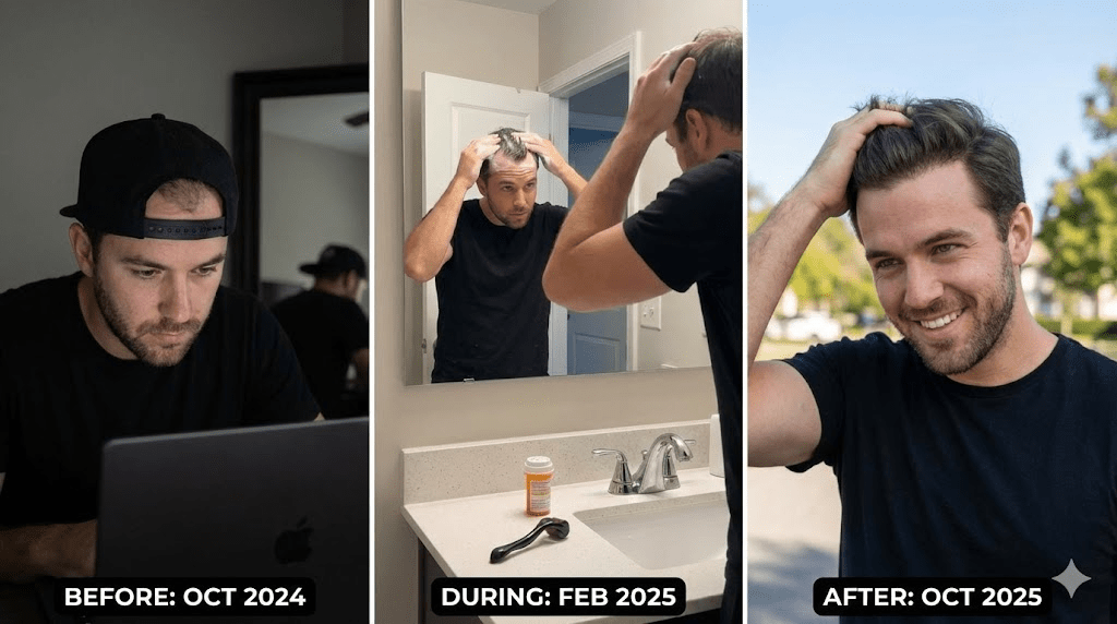 A split-screen comparison: Left side shows a man looking down, harsh lighting revealing a thinning crown and deep recession; Right side shows the same man looking confident with a restored, fuller hairline.