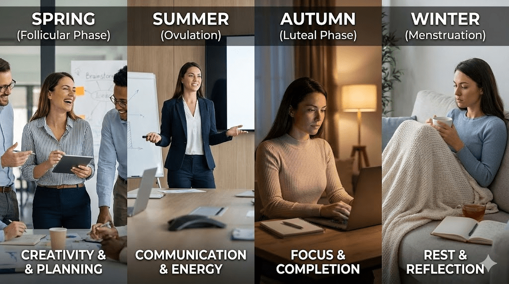 A graphic illustration: a straight line (male hormonal cycle) superimposed over a wave-like curve (female cycle), set against the silhouette of a woman looking at a sunrise.