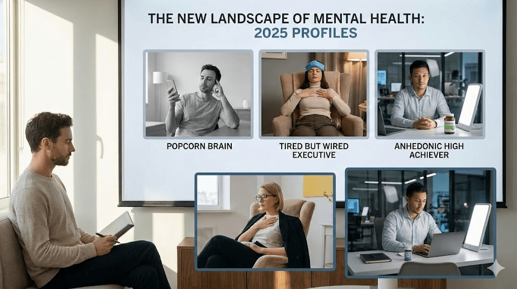 A split-screen composition: Left, a person staring blankly at a smartphone in a dark room; Right, a diagram of the Vagus Nerve glowing down the spine, representing the shift from digital burnout to somatic healing.