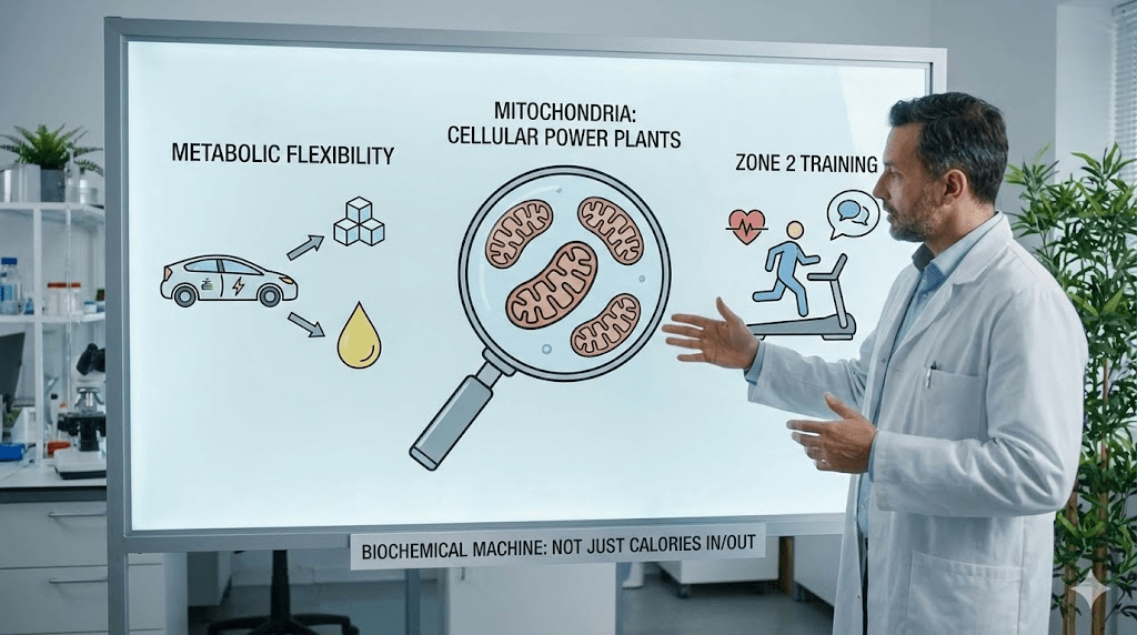 A 3D cross-section rendering of a human cell, with glowing mitochondria (power plants) highlighting the process of ATP production.