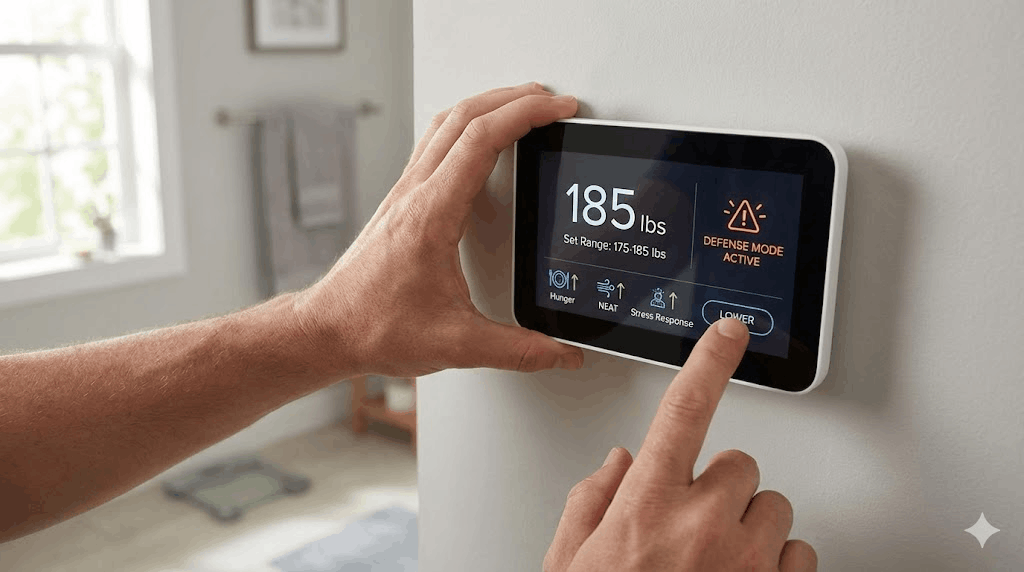 A minimalist thermostat illustration showing a weight “set range” dial with arrows labeled hunger, NEAT, and stress response.