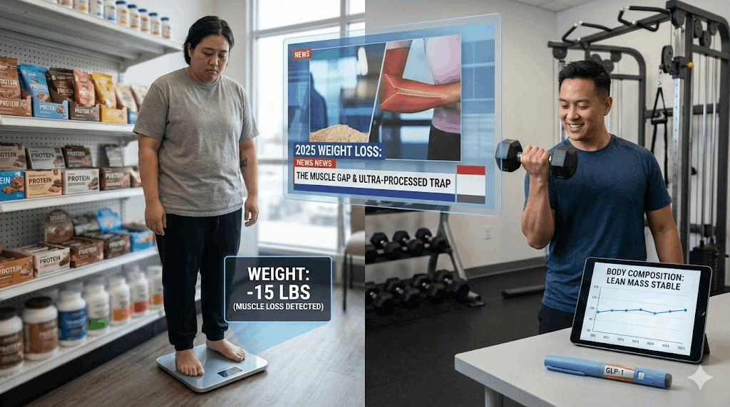 A modern infographic-style illustration showing a scale balanced by a dumbbell and a brain icon, representing fat loss, muscle retention, and appetite regulation in 2025.