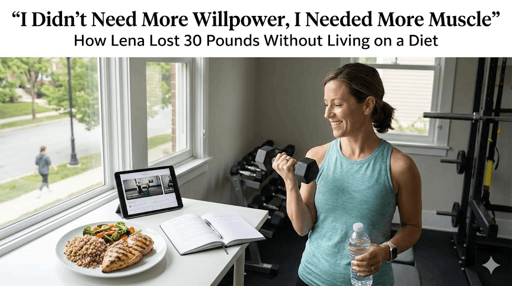 A calm, editorial-style illustration of a woman walking after a meal with a small notebook, with subtle icons for protein, steps, sleep, and strength training.