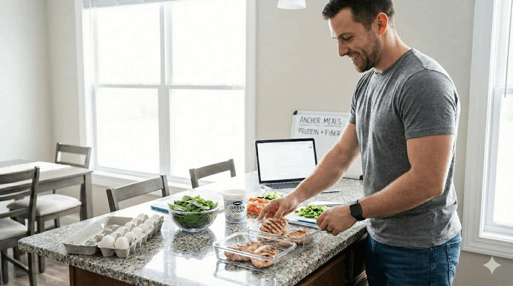 A candid, documentary-style photo of a man meal-prepping in a bright kitchen with simple high-protein foods and vegetables on the counter.