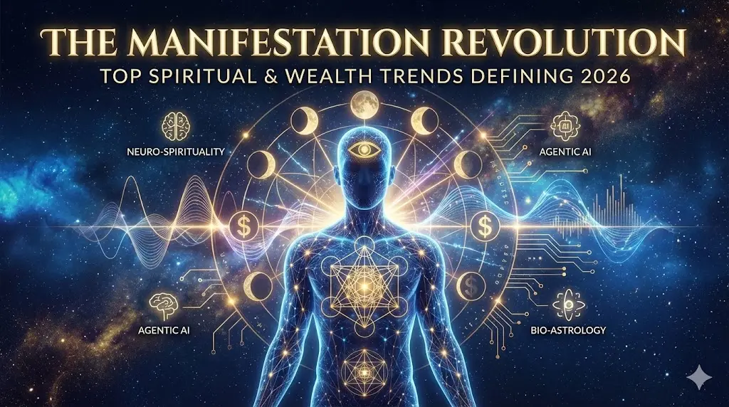 A futuristic digital visualization of a human silhouette surrounded by glowing neural networks, golden geometric shapes, and lunar phases, symbolizing the intersection of technology and spiritual wealth.