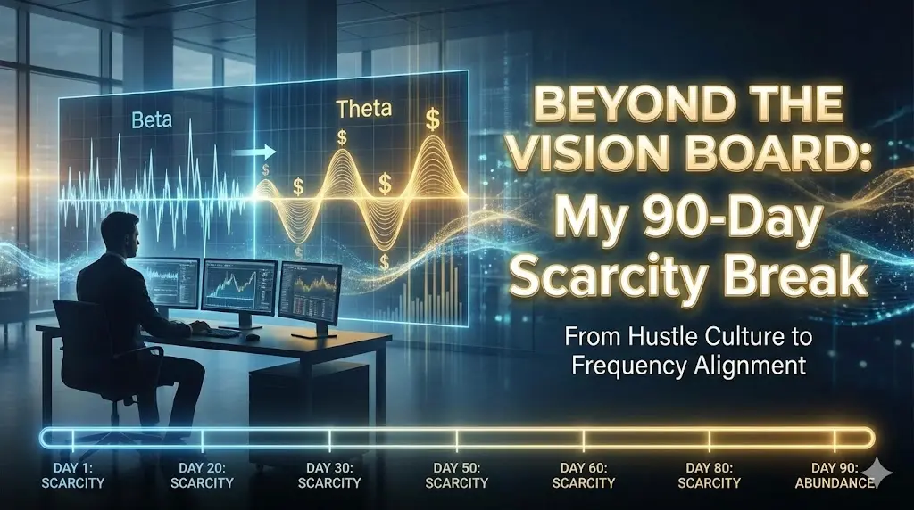 A man in a modern office looking at a digital visualization of glowing gold soundwaves and financial charts, representing the successful integration of logistics and manifestation technology.