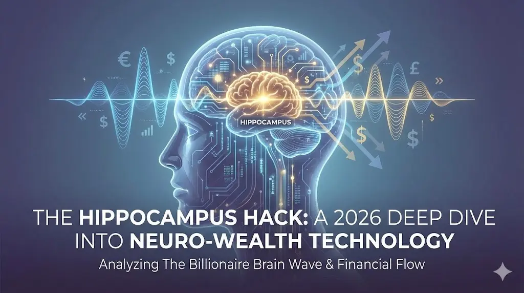 A conceptual illustration of a human brain with the hippocampus glowing in golden light, surrounded by abstract digital frequency waves and floating currency symbols, representing wealth manifestation through neuroscience.