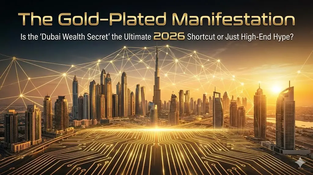 A luxurious golden sunset over the Dubai skyline with digital geometric overlays and neural network patterns, symbolizing the intersection of wealth and brain science.