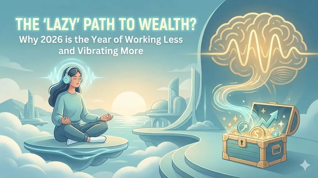 A peaceful person wearing high-tech headphones, sitting in a modern room with a digital visualization of glowing gold and blue brainwaves, representing the modern path to wealth through frequency alignment.