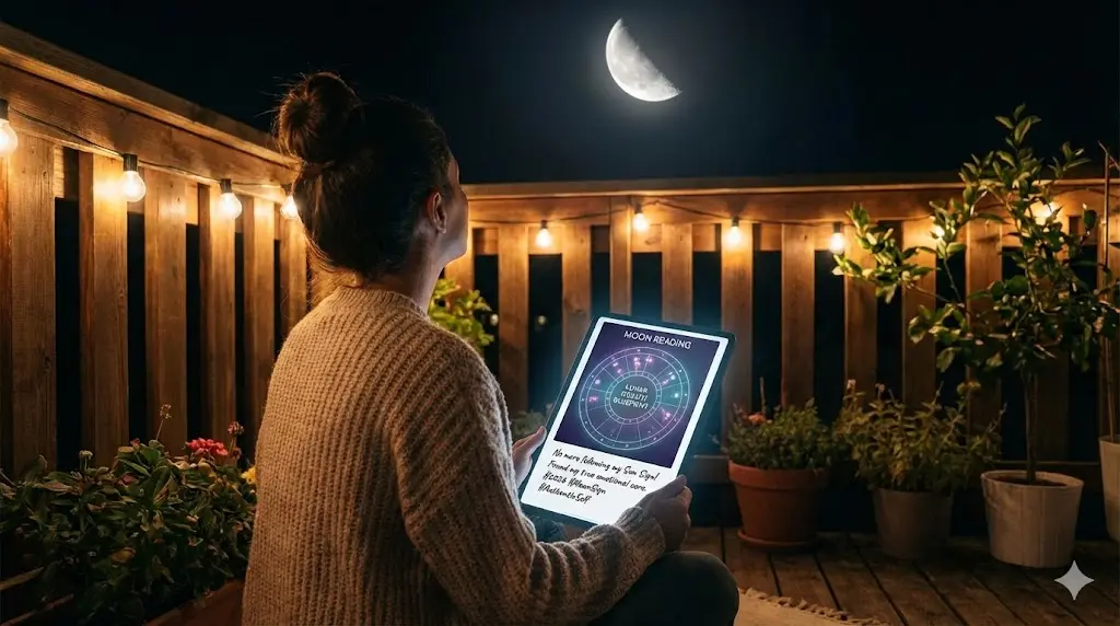 A woman sitting peacefully on a balcony at night, looking up at a bright crescent moon, with a holographic 3D astrological birth chart floating in front of her.