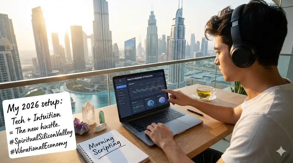 A futuristic digital workspace blending a high-tech cityscape with holographic zodiac charts and neural brainwave visualizations, representing the modern intersection of wealth and spirituality.