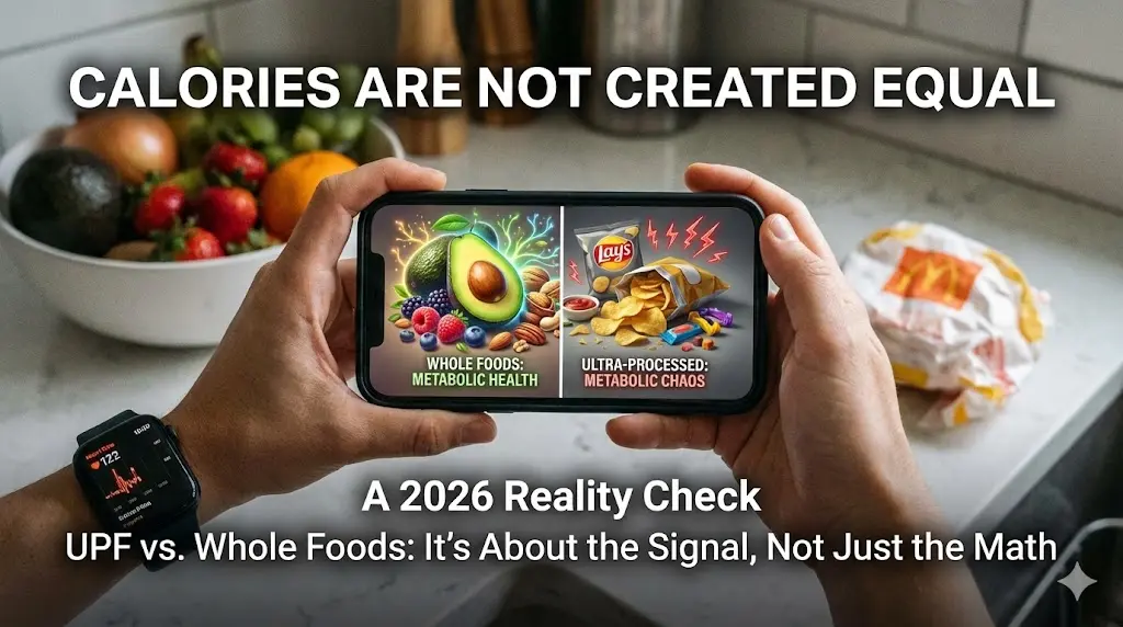 A split-screen visualization: one side shows vibrant whole foods like avocados and berries with glowing metabolic pathways, the other shows dull, gray ultra-processed snacks with jagged, red inflammatory signals.