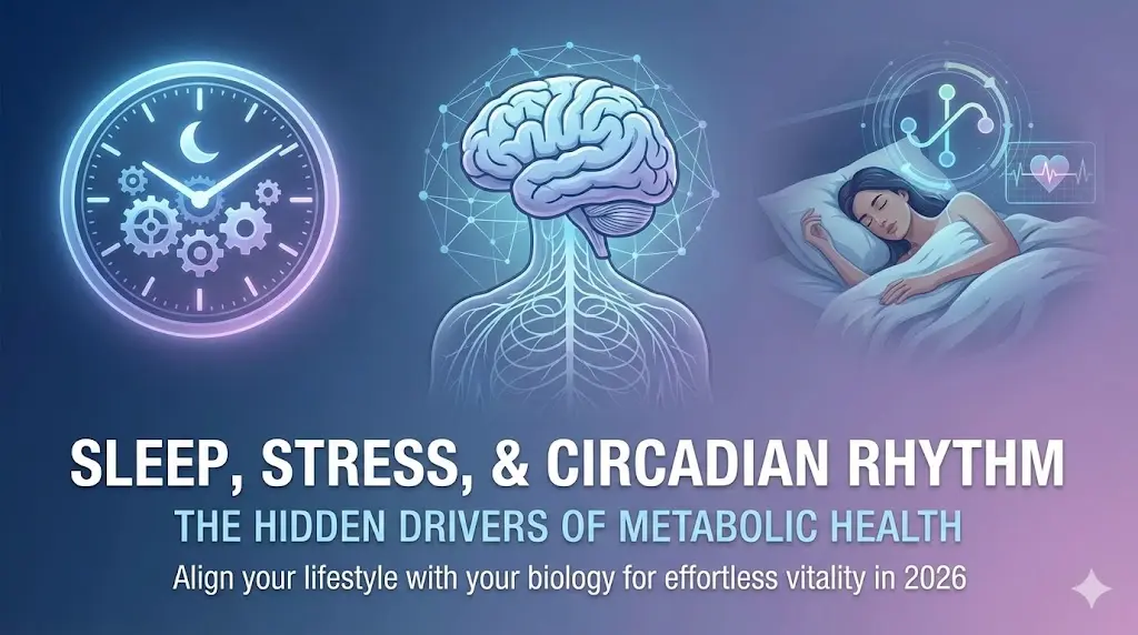 A peaceful person sleeping in a dark, cool room with a digital overlay of a glowing clock and a calm nervous system diagram, representing the union of sleep, rhythm, and metabolic balance.