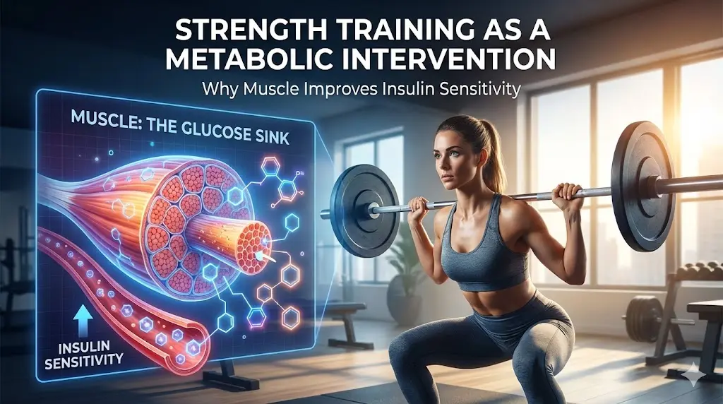 A strong, healthy woman lifting a barbell in a sunlit, modern home gym, with digital overlays showing muscle activation and improved glucose uptake indicators.