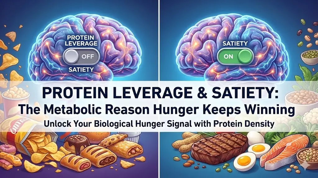 A clean, high-tech kitchen counter showing a balanced plate of grilled salmon, eggs, and leafy greens next to a digital tablet displaying a neural map of hunger hormones.