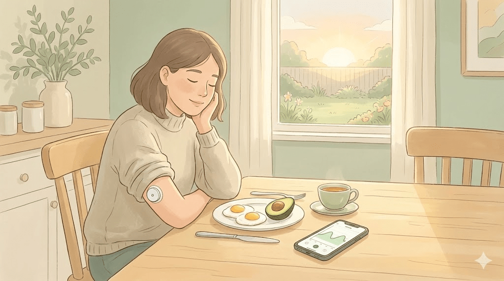 A split-screen illustration: on the left, a woman looking exhausted at an office desk next to a half-eaten bagel; on the right, the same woman looking energized and happy while preparing a vegetable-rich meal.
