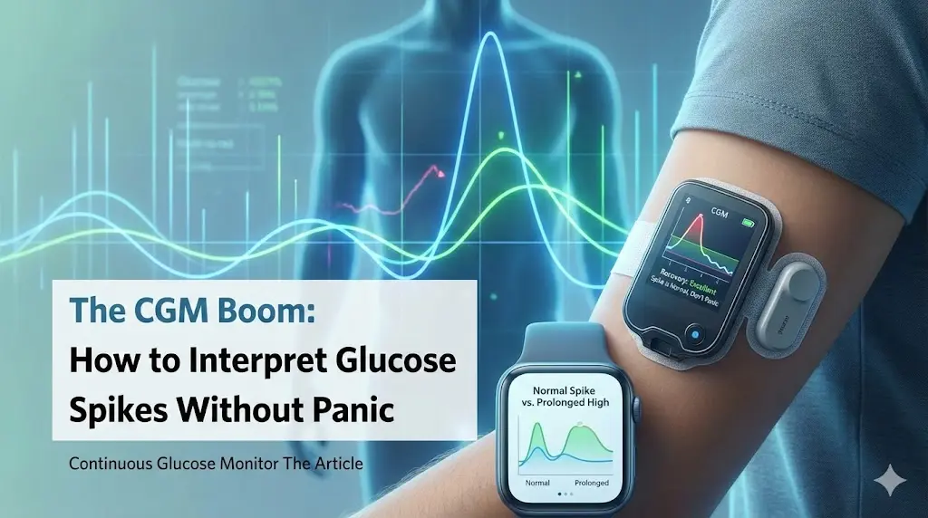 A close-up of a high-tech Continuous Glucose Monitor on an arm, with a soft-focus background of a healthy breakfast and a sunset, symbolizing the balance of technology and nature.