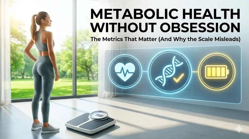 A woman confidently looking away from a bathroom scale toward a bright sunlit window, with icons representing heart rate, DNA, and energy levels floating subtly in the background.