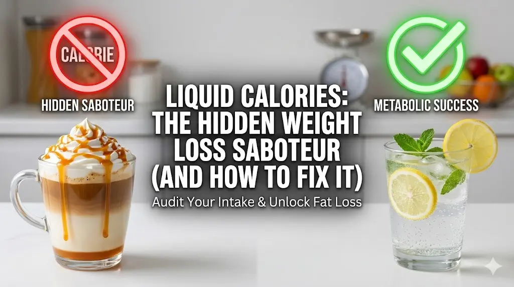 A split visualization showing a vibrant syrupy coffee drink on one side with a red warning signal, and a glass of sparkling water with lemon on the other with a green success signal.