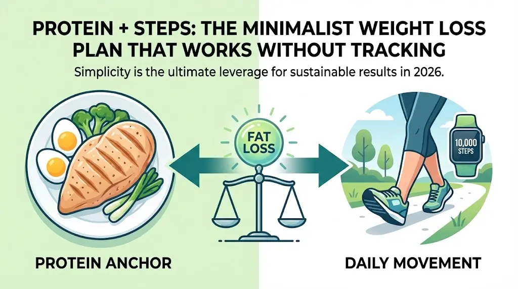 A person walking on a sunlit path in athletic wear, with a clean plate showing grilled chicken and greens in the foreground, representing the synergy of protein and movement.