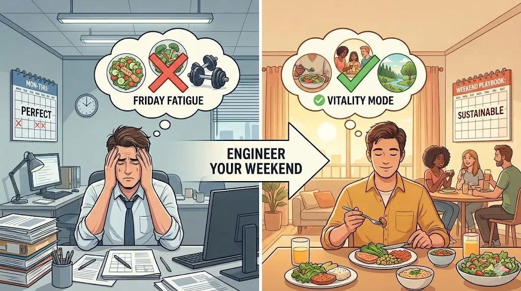 A person in a calm home environment transitioning from a busy work desk to a relaxed weekend setting, illustrating healthy boundary setting.