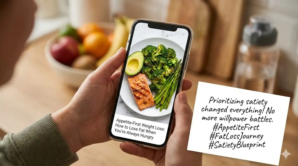 A vibrant, balanced plate featuring salmon, avocado, and a mountain of green vegetables, representing the core principles of the Satiety-First Fat Loss framework.