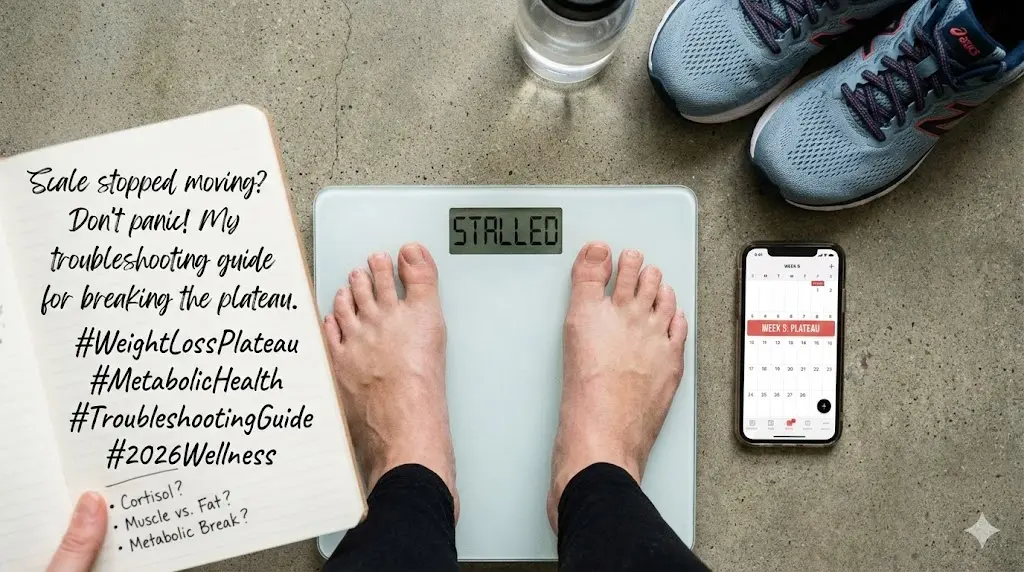 A person standing on a sunlit mountain path looking at a compass, representing the strategic navigation required to break through a weight loss plateau.