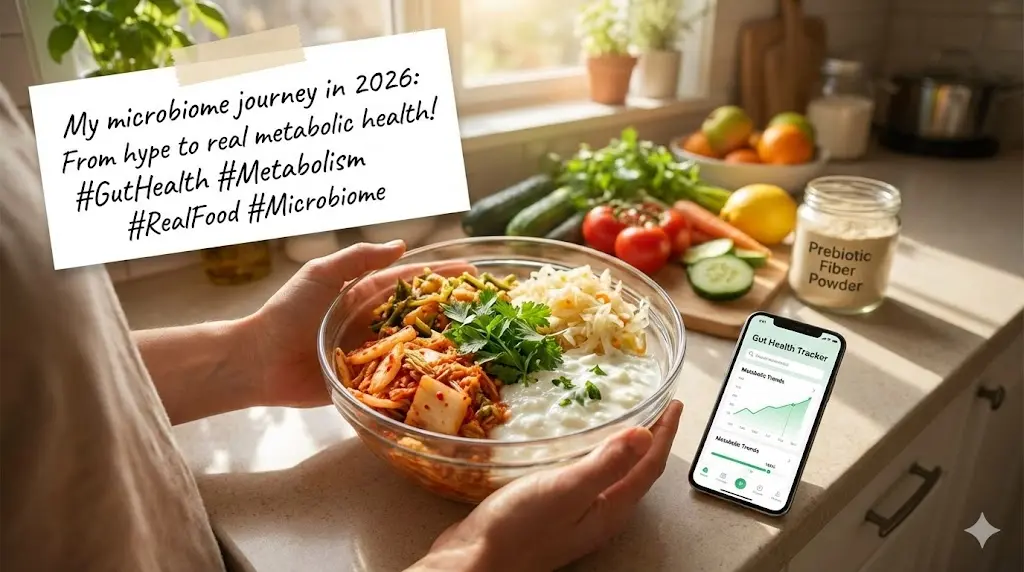 A stunning digital visualization of a vibrant gut microbiome, looking like a glowing underwater forest of bacteria, with golden sparks representing Short-Chain Fatty Acids and metabolic energy.