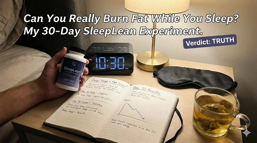 A peaceful bedroom scene at twilight with a glowing DNA helix morphing into a silhouette of a lean body, symbolizing the intersection of deep sleep and genetic metabolic activation.