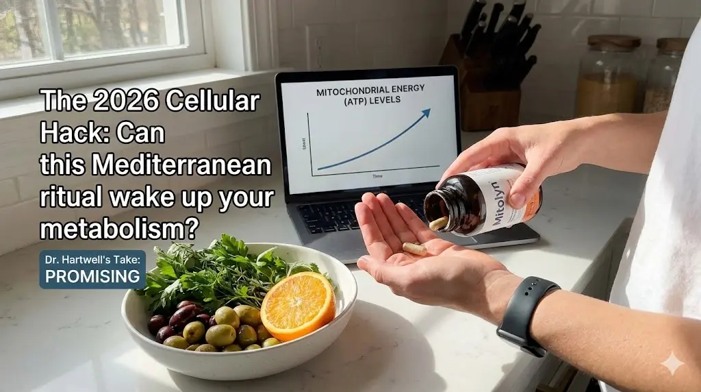 A microscopic view of a glowing mitochondria being infused with golden Mediterranean herbal extracts, symbolizing cellular energy and metabolic activation.