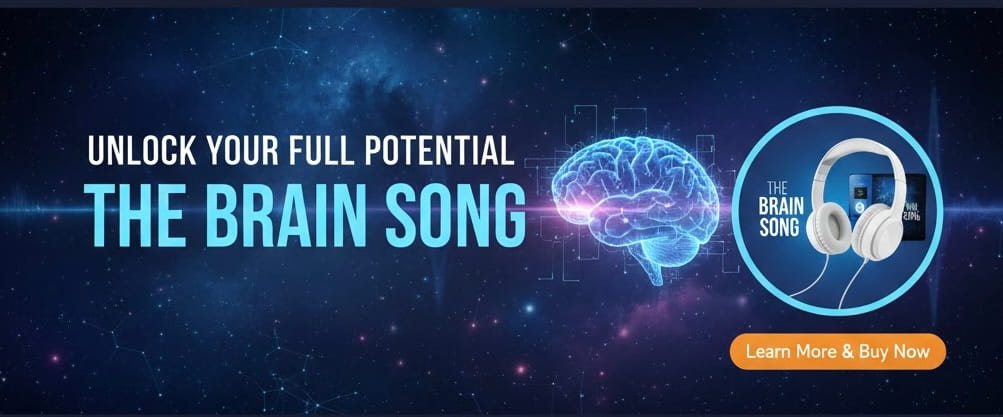 The Brain Song banner featuring a glowing brain graphic and headphones with “Unlock your full potential” callout
