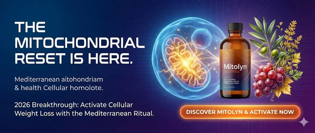 Mitolyn Mediterranean Ritual banner with supplement bottle and glowing mitochondria — “Ignite your cells. Reset your metabolism.”