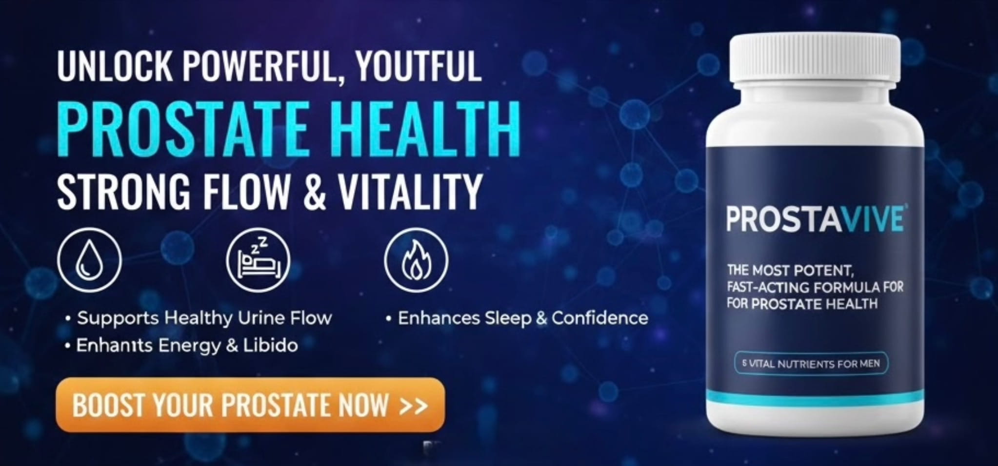 ProstaVive supplement banner promoting prostate health support with “Boost your prostate now” call-to-action and product bottle